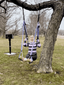 Yoga trapeze swing being used outdoors to stretch legs