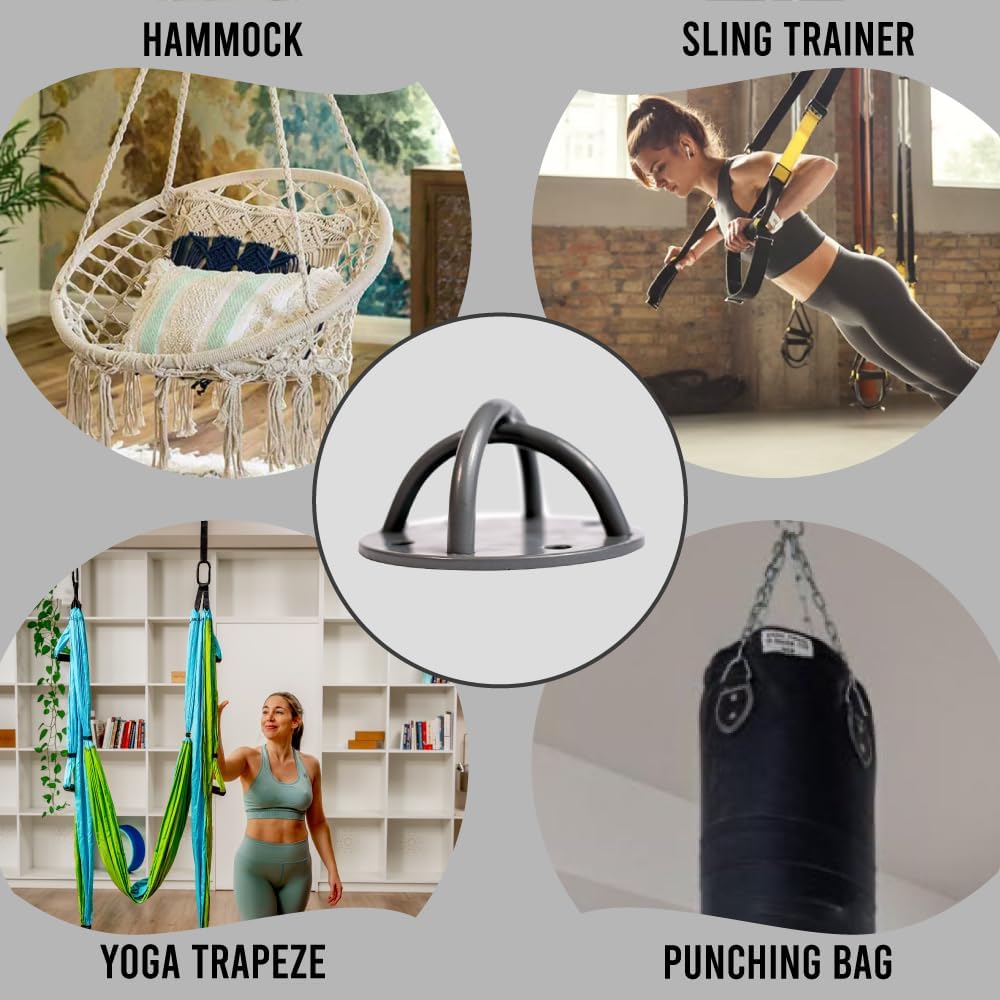 Ceiling hooks holding a hammock, sling trainer, yoga trapeze and punching bag